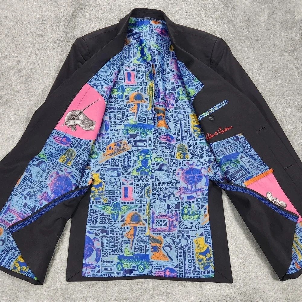 Robert Graham Blazer Mens 42L Black Wool Colorful Lining Sport Coat Jacket